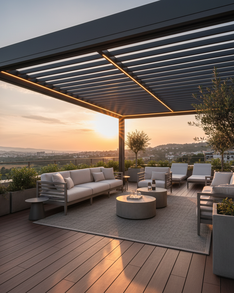 Bursa'da güneş ışığını ve havalandırmayı kontrol eden, motorlu ve açılır kapanır alüminyum panelli bioklimatik pergola sistemi