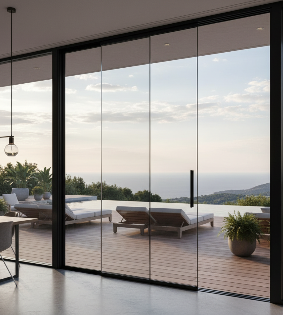 Bursa'da bir restoran terası için uygulanmış motorlu giyotin cam sistemi