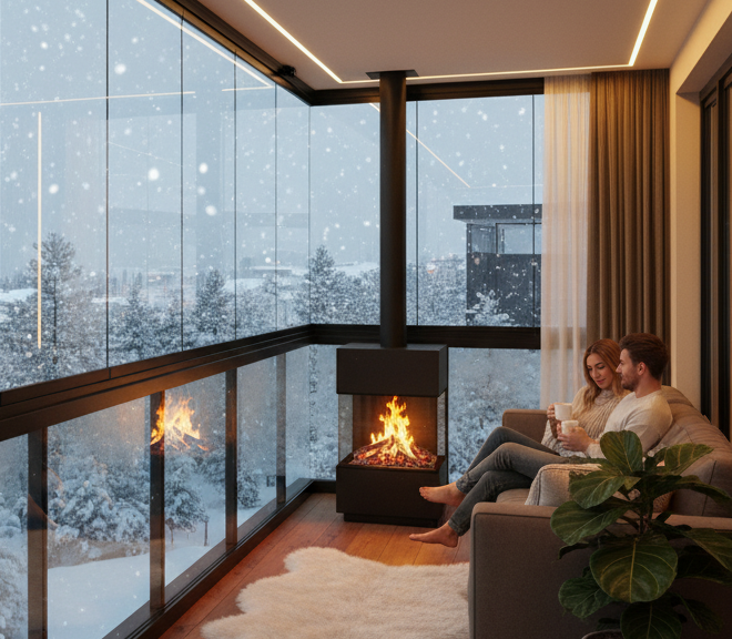 Teras Kapatma | Bursa 4 Mevsim Teras Çözümleri (Balkon Art) 7 Bursa'da karlı bir kış gününde, ısı yalıtımı sağlayan ısıcamlı (çift camlı) cam balkon sistemi ile sıcak iç mekan