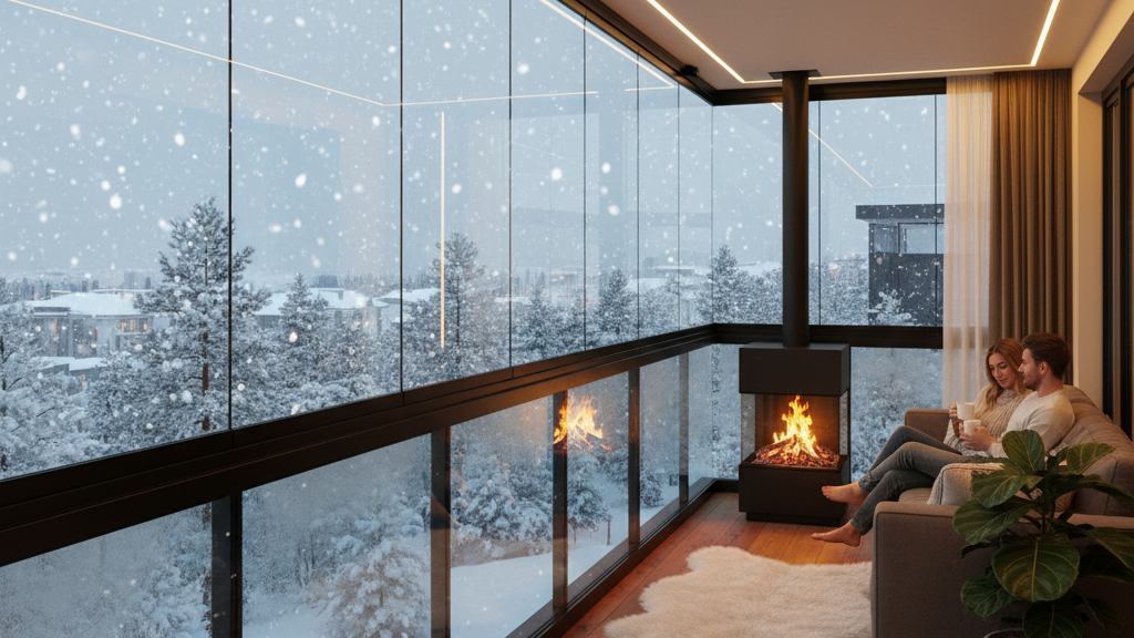Bursa'da karlı bir kış gününde, ısı yalıtımı sağlayan ısıcamlı (çift camlı) cam balkon sistemi ile sıcak iç mekan