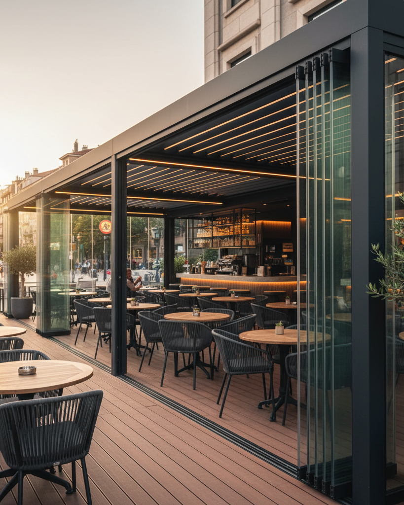 Bursa'da bir kafe veya restoran dış mekanı için uygulanmış, motorlu ve modern alüminyum pergola çözümü