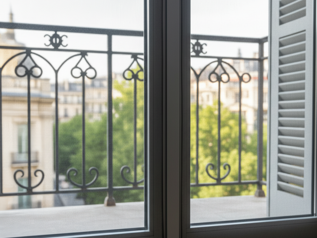 Bursa'da bir balkon kapısına veya pencereye monte edilmiş, pratik kullanımlı plise (pileli) sineklik sistemi