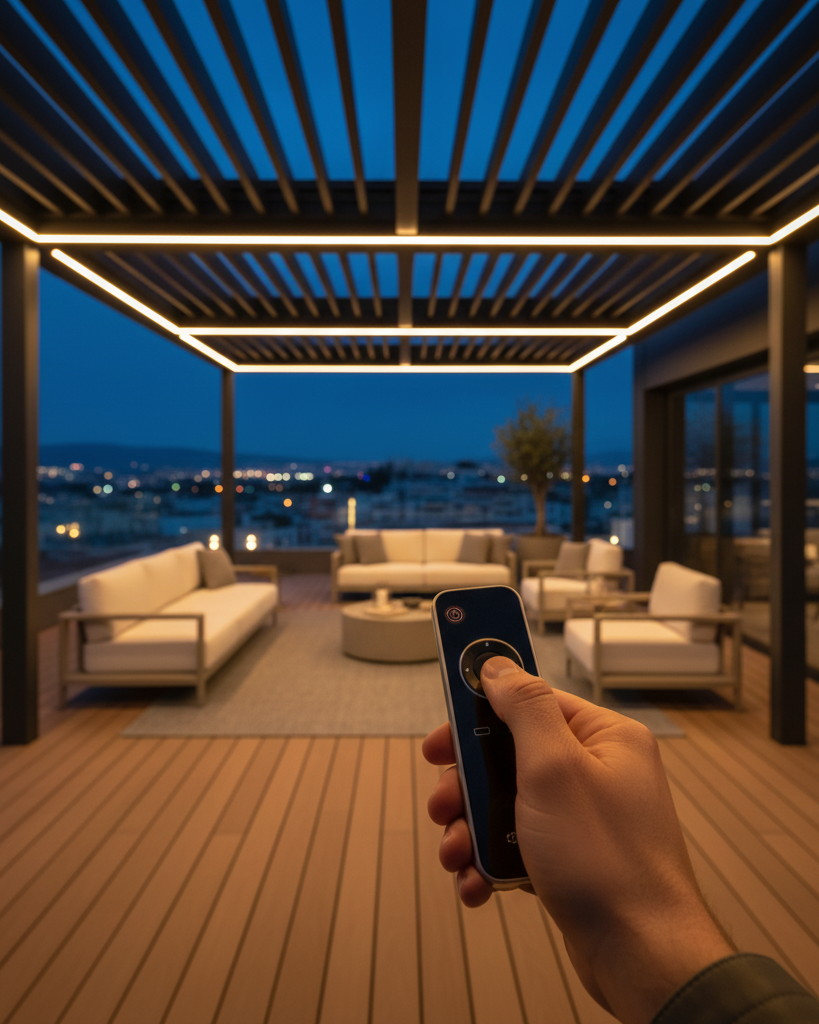 Bursa'da tek tuşla açılır kapanır, motorlu ve uzaktan kumandalı modern pergola sistemi uygulaması