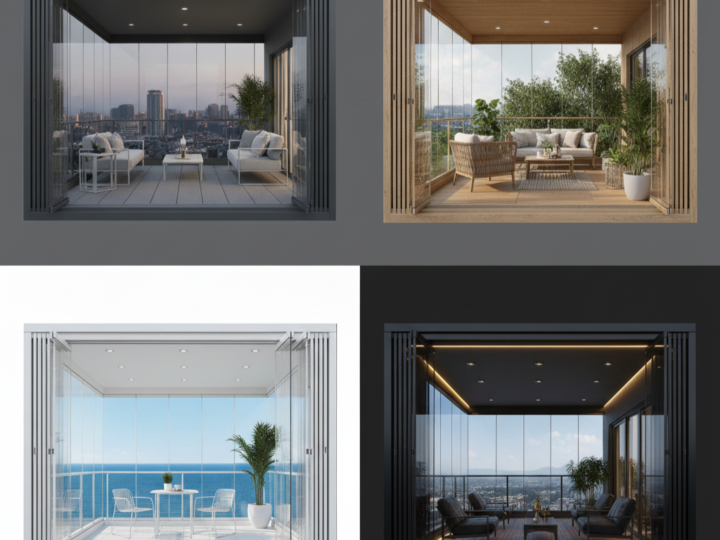 Bursa cam balkon renk seçenekleri karşılaştırması: antrasit (koyu) ve beyaz (açık) profil ile füme ve şeffaf cam farkları