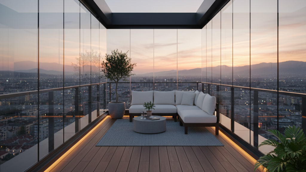 Teras Kapatma | Bursa 4 Mevsim Teras Çözümleri (Balkon Art) 2 Bursa cam balkon sistemleri ile kapatılmış, aydınlatmalı şık teras tasarımı