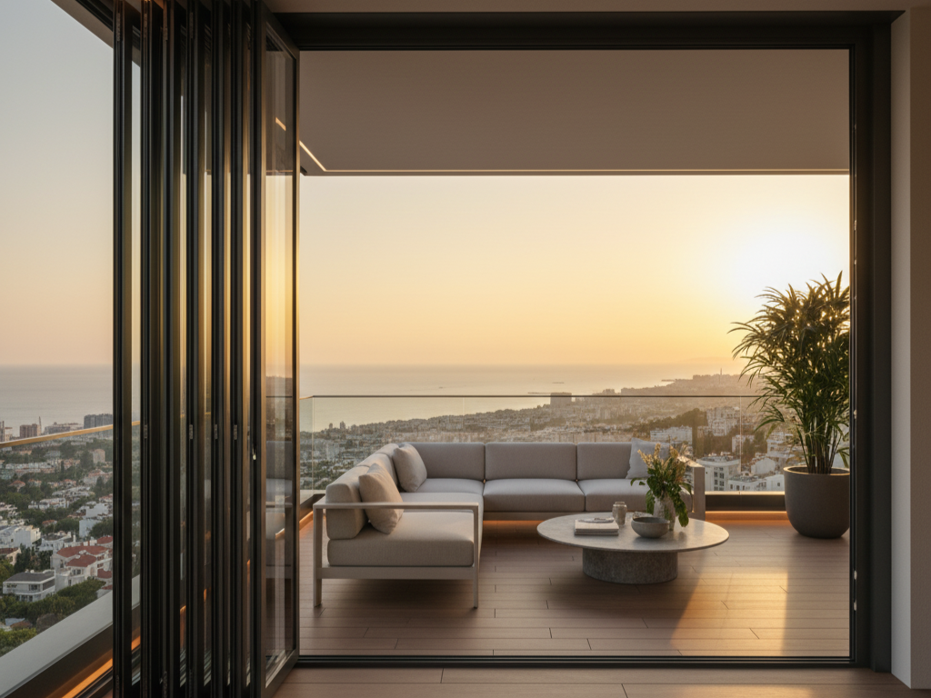 Bursa'da bir konut için uygulanmış, camları kenara toplanabilen modern katlanır cam balkon sistemi