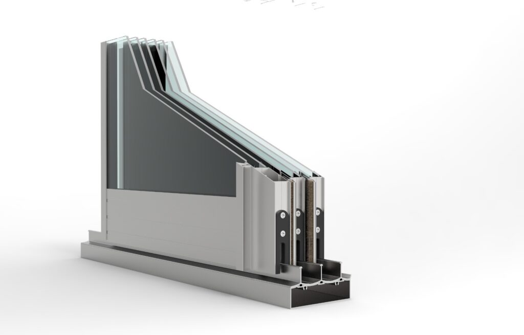 Isıcamlı (çift camlı) sürgülü pencere veya cam balkon sistemine ait alüminyum profil kesiti. Yalıtım ve fırça detayları görülmektedir.